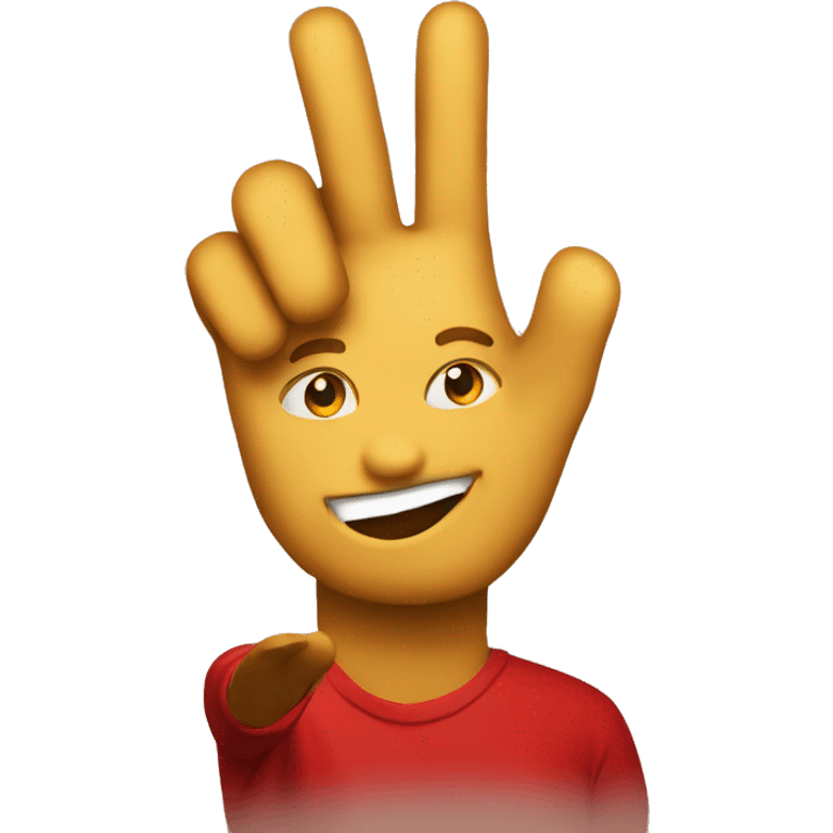 Make a face doing the peace sign wearing red and gold emoji