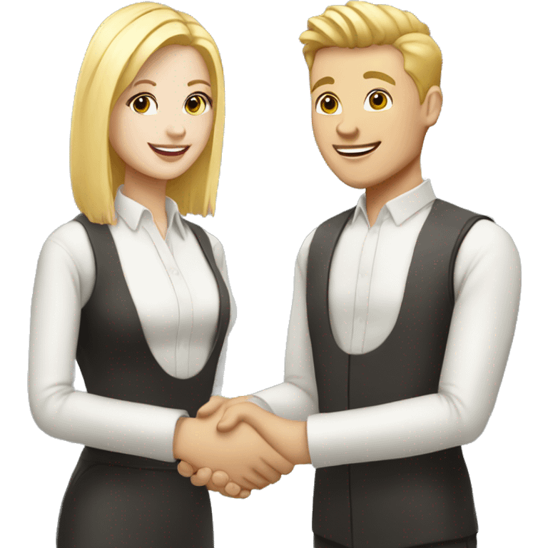 restaurant owner with white skin and blogger with white skin and blonde hair shaking hands in full height emoji