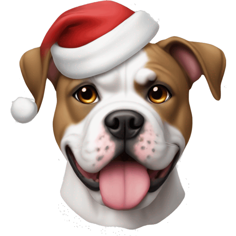 Brown and white American bulldog in a Santa hat emoji