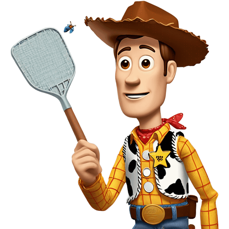 Woody from toy story with a fly swatter hitting a fly emoji