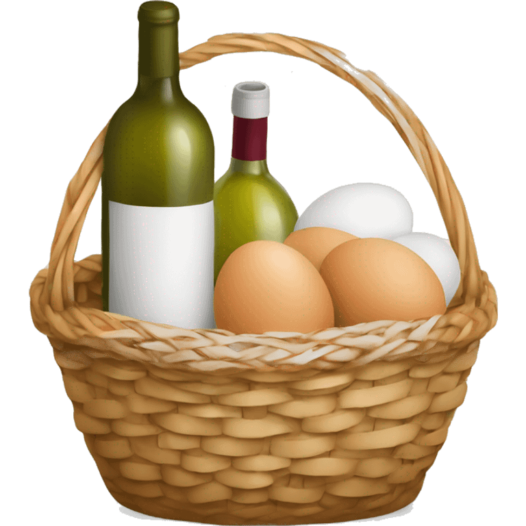 basket with maffin, eggs, bottle of wine with napkin  emoji