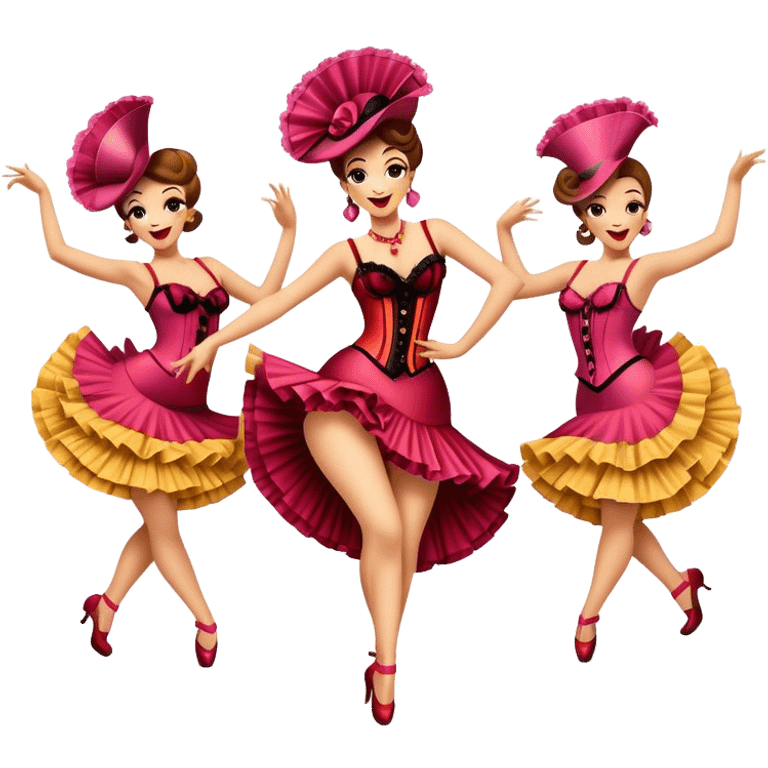 Cinematic Realistic Can-can Dance Emoji, depicted as a lively cabaret dance scene with flouncy costumes and dynamic energetic movement, rendered with vibrant textures and playful theatrical lighting that captures the spirit of French cabaret. emoji