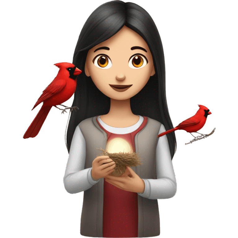 Dark hair girl catches cardinal bird  emoji