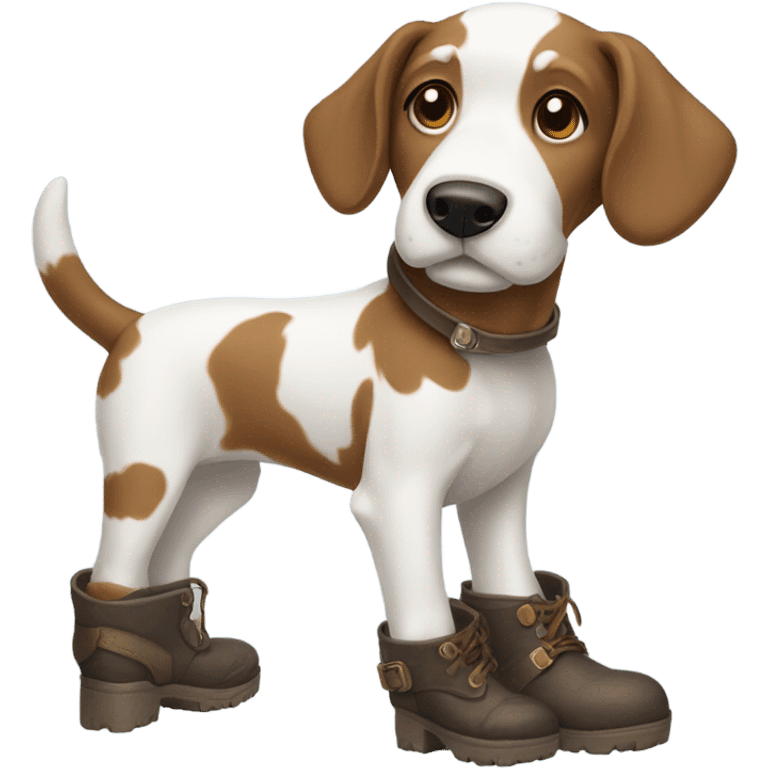 Brown and white dog wearing boots on feet emoji