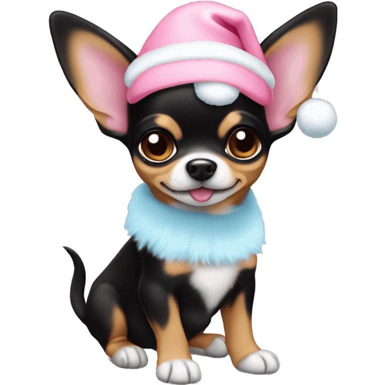 black & tan chihuahua puppy full body light blue eyes pink christmas hat on emoji