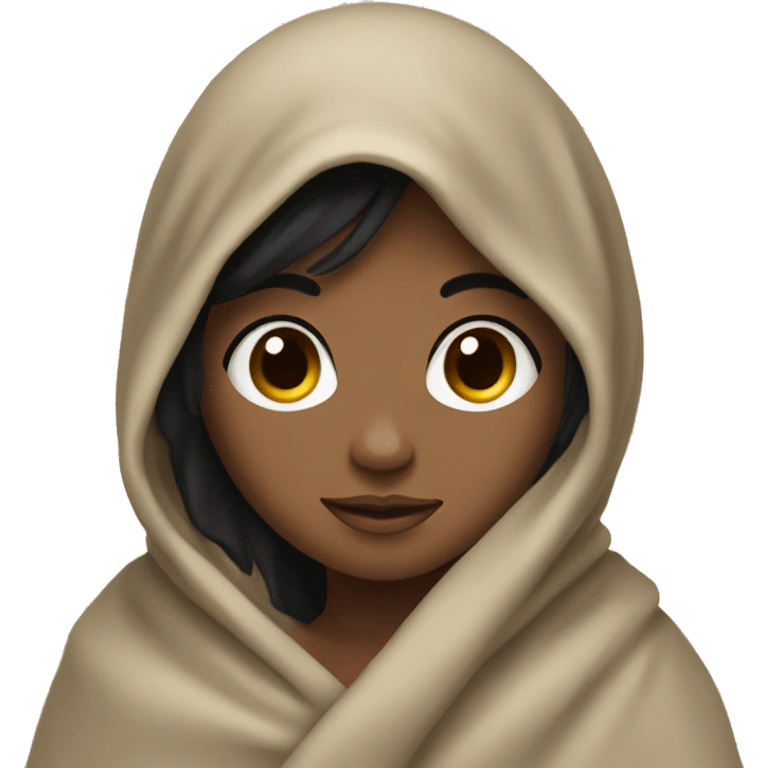 Girl with tan skin and black hair wrapped up in a blanket emoji