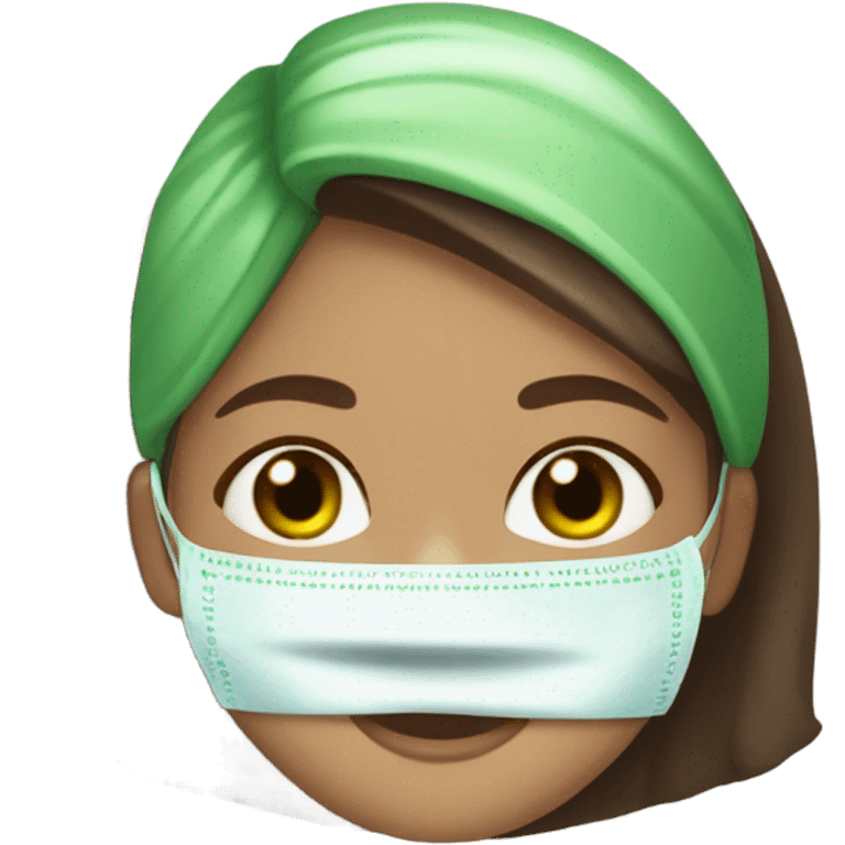 Girl with freackles Brown hair and white skin blue eyes wears skin care mask Thats Green and pickle on her closed eyes emoji