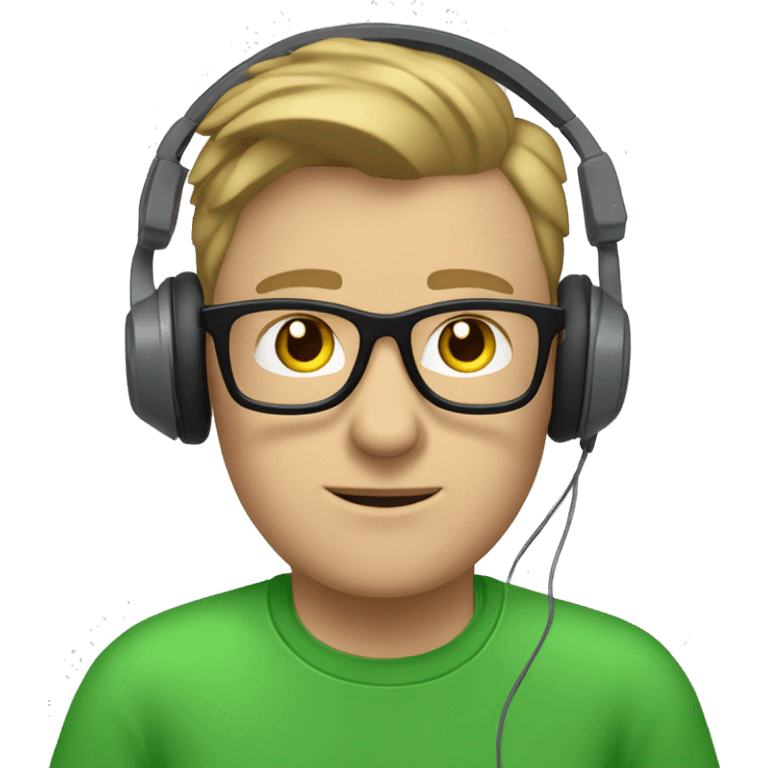 white guy with dark blond hair square glasses blue eyes wearing green t-shirt using laptop with headphones emoji