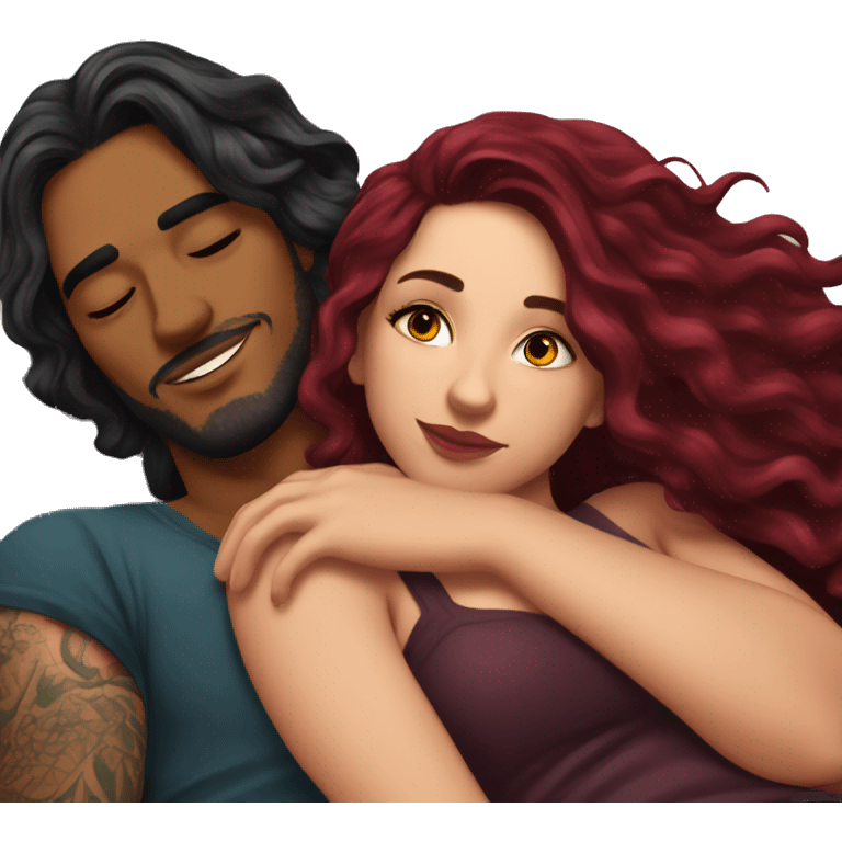 Beautiful tattooed burgundy long haired woman laying on her boyfriends chest emoji