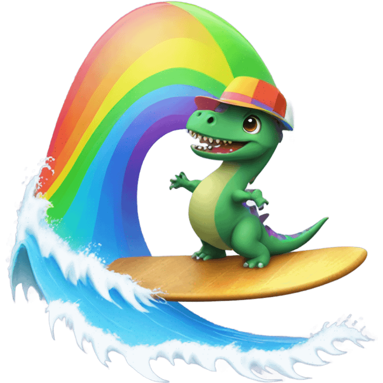 dinosaur surfing with a rainbow hat emoji