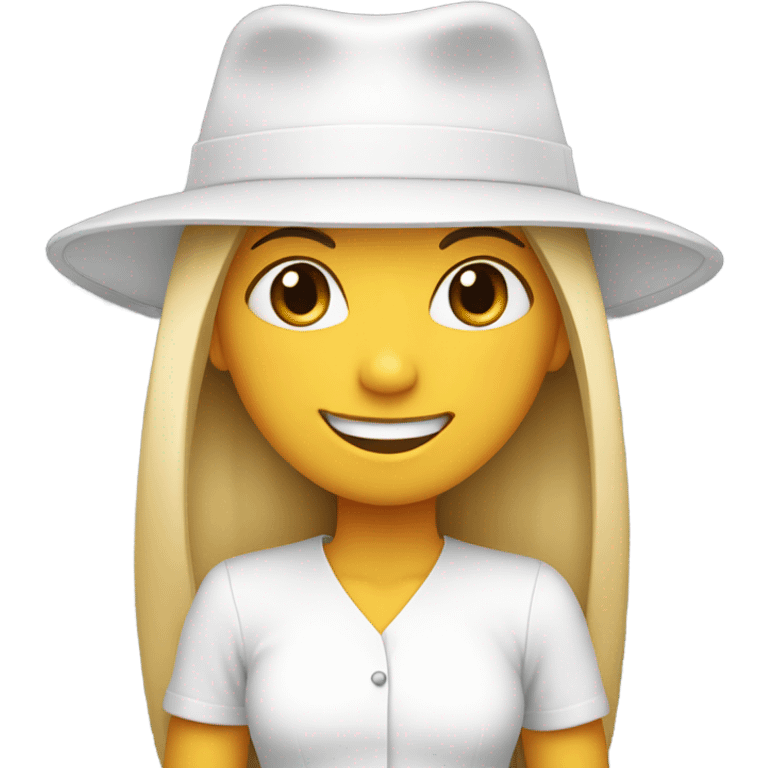 smiling girl in hat portrait white out fit straight hair closed smile emoji