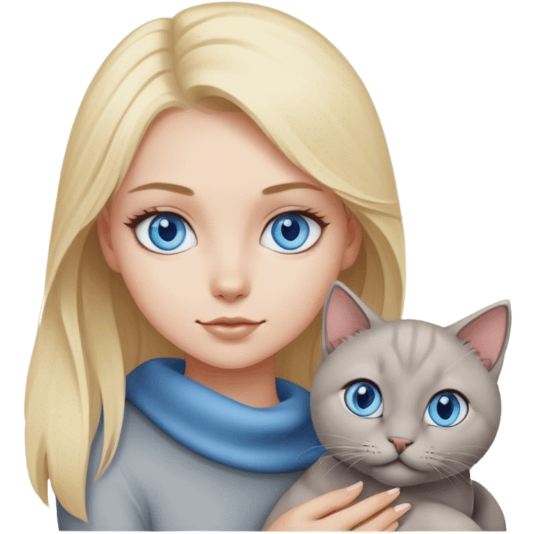 Blonde girl with blue eyes and grey cat emoji