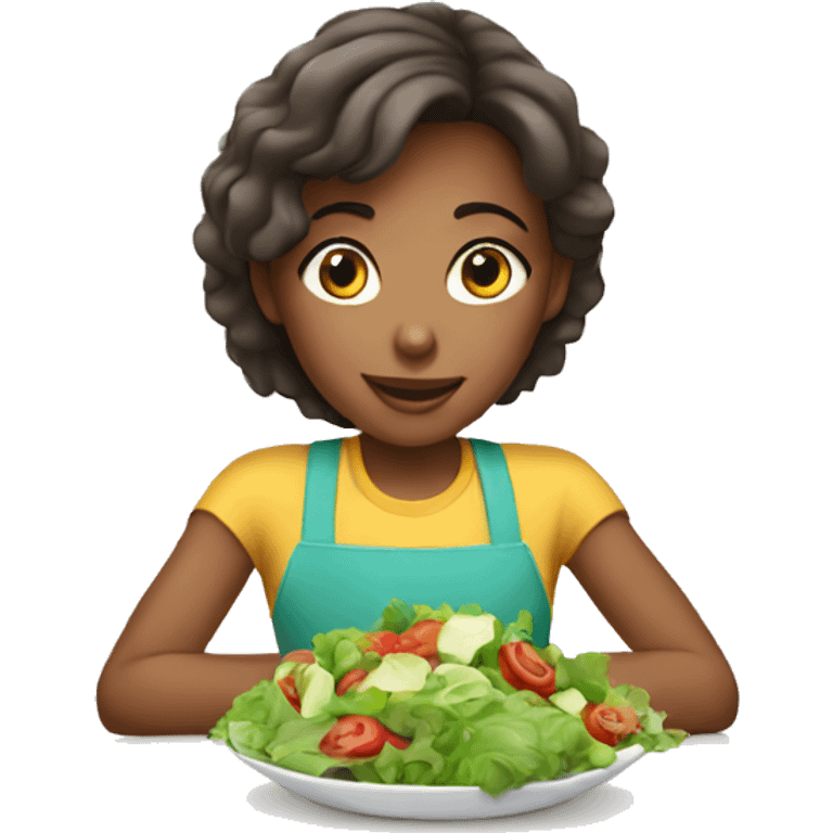 Girl eating salad on a table emoji