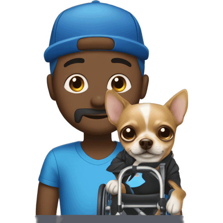 Dark man in wheelchair with a blue AF hat on with a yorkie chihuahua on his lap￼ emoji