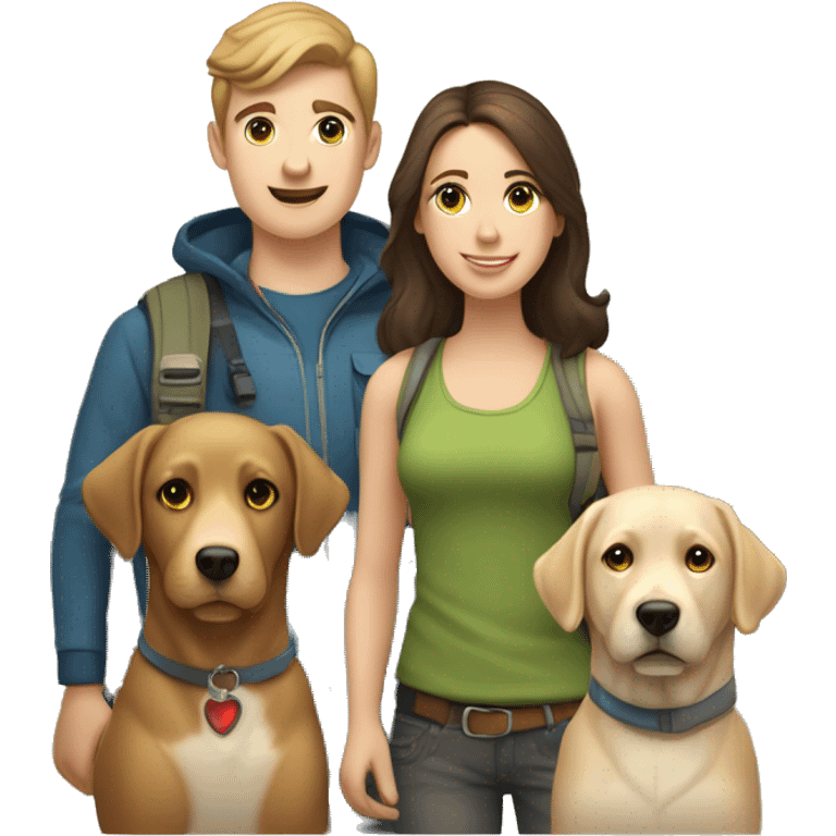 A young brunette couple, one male and one female, both with fair skin and light-colored eyes. They are accompanied by a friendly Labrador retriever. The trio is depicted in a camping emoji