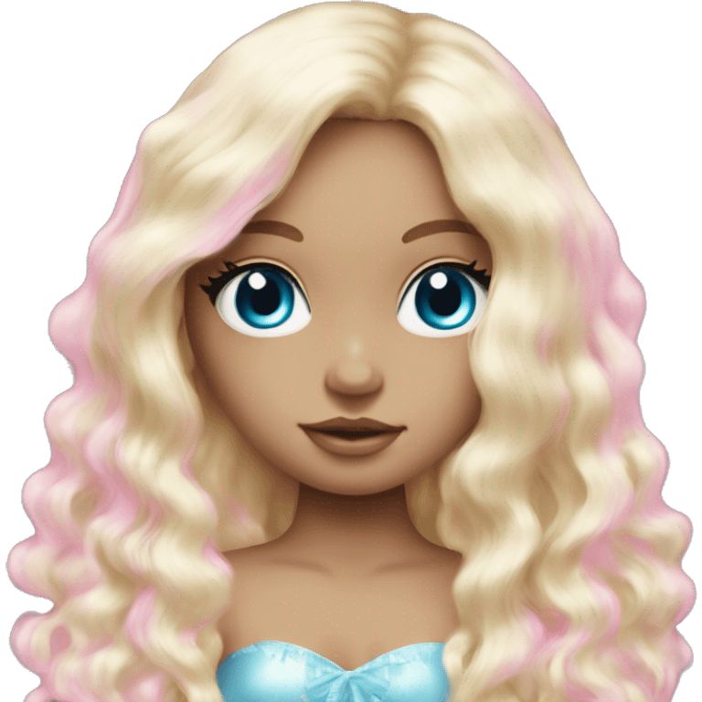 ocean blue doll eyes, blonde glowing silky long hair, girl, feminine, fragile, pink, angelic, in love emoji