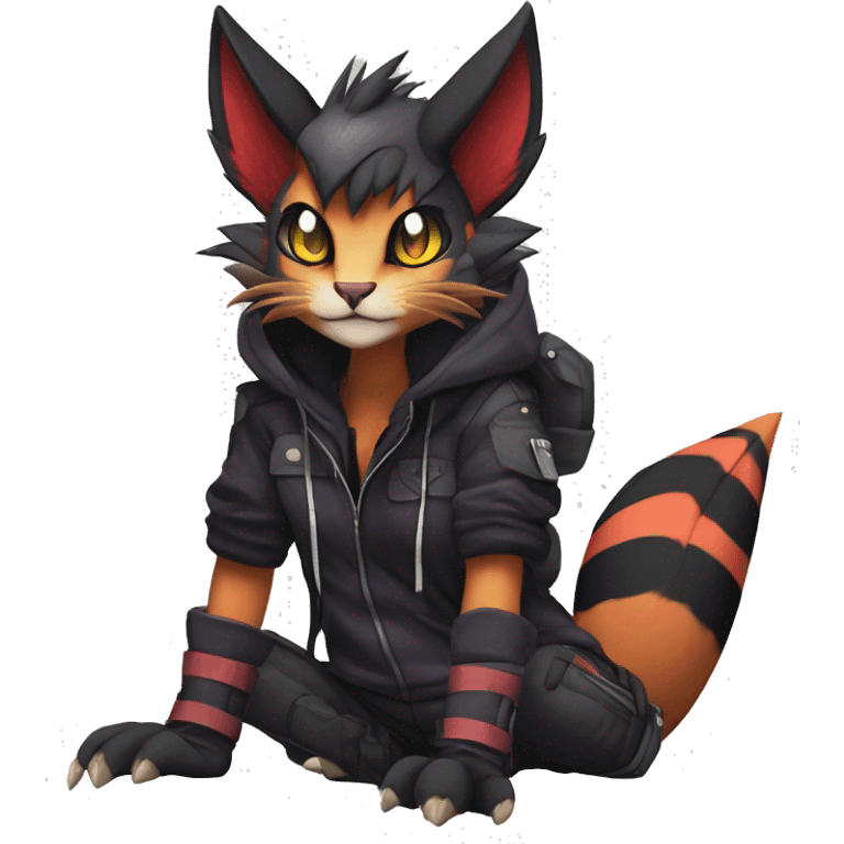 Cool Anthro Noivern-Litten-Caracal-Pokémon with edgy stripes hoodie spiked collar punk techwear Cargo Pants Full Body emoji