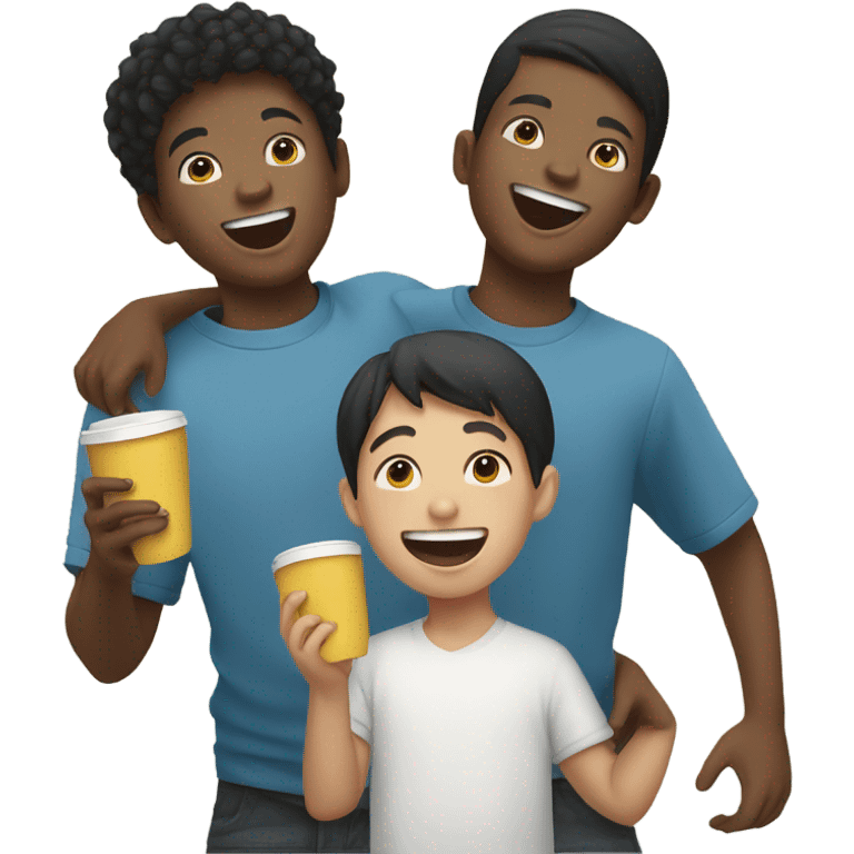 boys laughing together with cup one black one Asian emoji