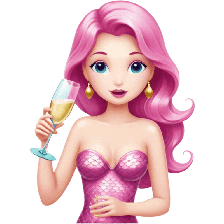 A caucasian mermaid drinking champagne dressed in pink emoji