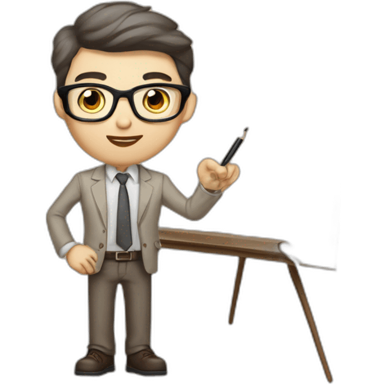 Pale skinned fit man with dark brown hair in gray jacket, beige office shirt, brown tie, brown pants and vintage glasses Writing on the flipchart emoji