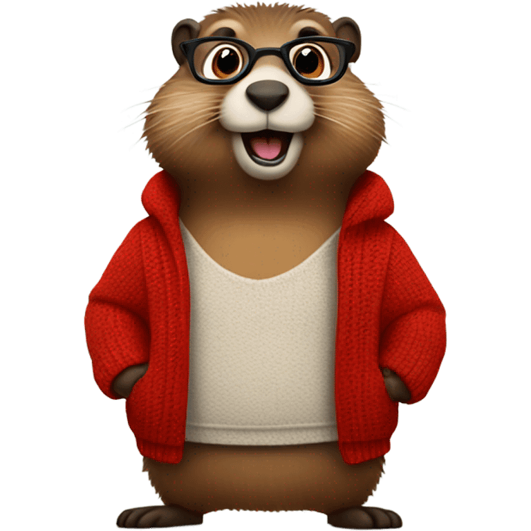 cute groundhog in a fully red sweater and glasses full body shown emoji