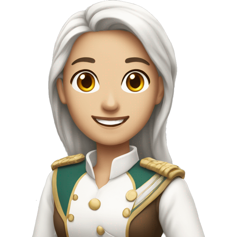 smiling, Noble pretty female with no Elf ears and long brown hair and white uniform emoji