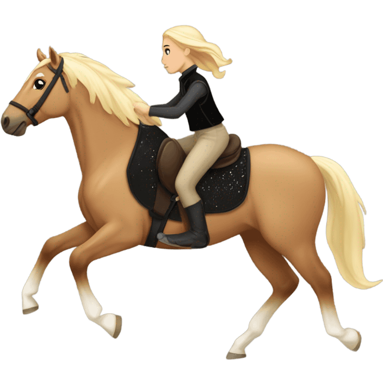  A Palomino horse running with a black sequin rug on his back and a whit rider girl brown hair  on his back without a helmet dressed in black pants and a vest   emoji