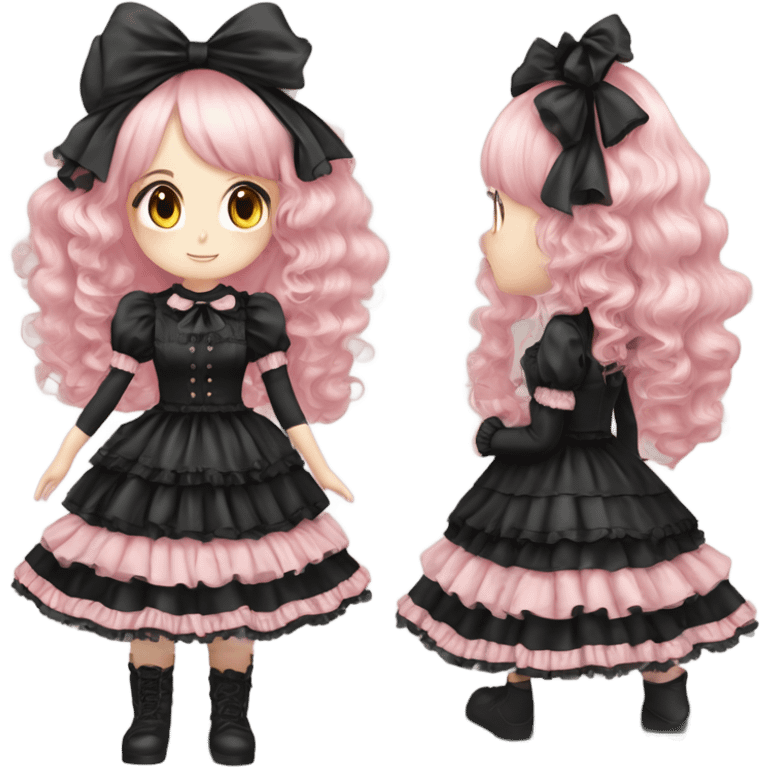 Vestido rosa pastel y negro gothic lolita, cuerpo completo, color de piel morena, pelo largo, pelo de color rojo y negro emoji