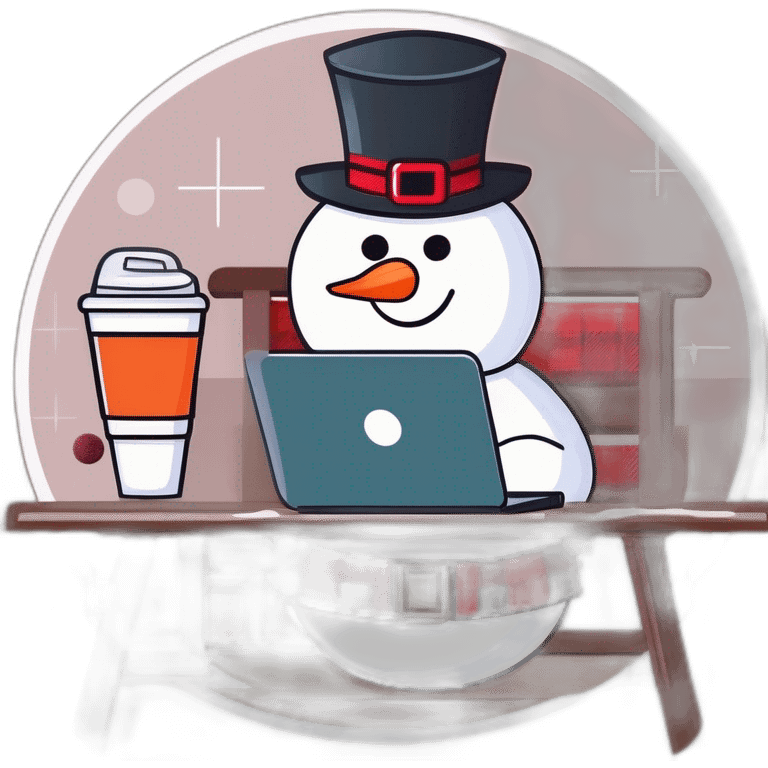 cute female snowman with a laptop holding a coffee mug emoji