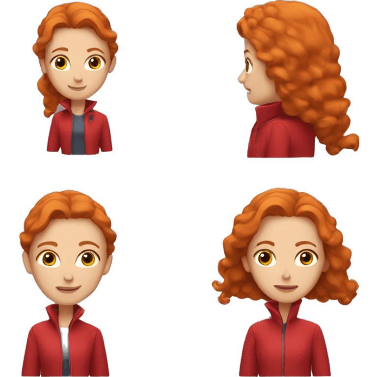 A woman with ginger head wearing a red jacket with red magic  emoji