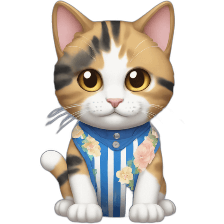 Purradise Meowscles is a buff calico anthropomorphic cat  he has a mullet, a floral designed t shirt that is unbuttoned and blue and white stripped shorts emoji