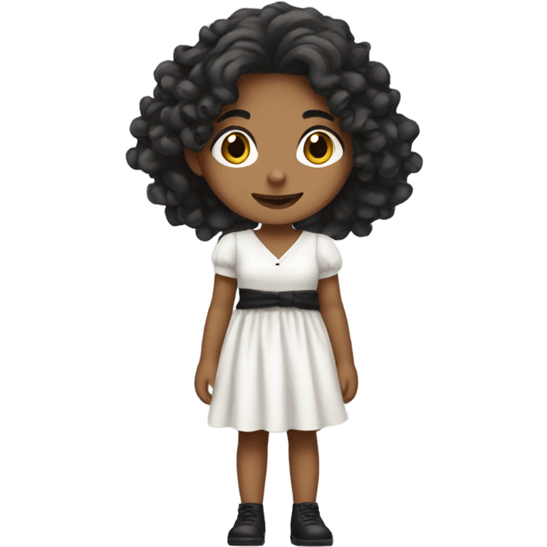 Tan girl with black long curly hair and white tied dress full body emoji