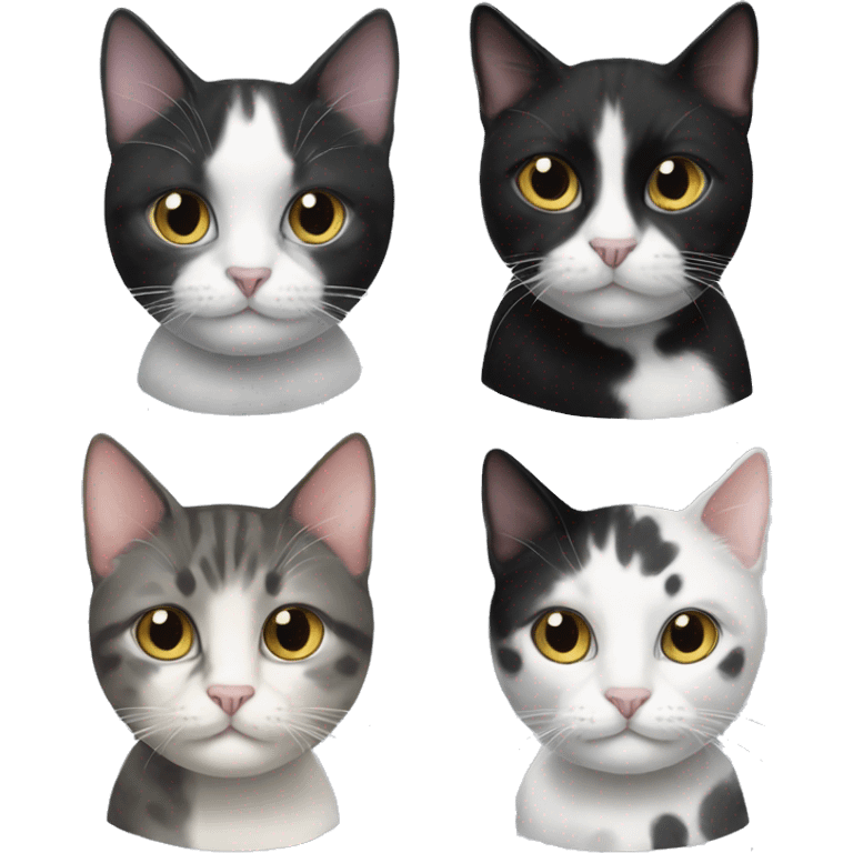 One tuxedo cat, one black cat and one gray and white spotted cat  emoji