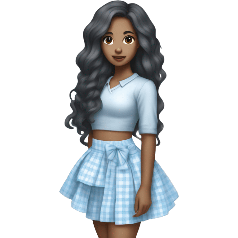 Full body Pretty mixed Asian black girl with long wavy hair wearing a baby blue and white plaid mini skirt with a white bow in her hair emoji