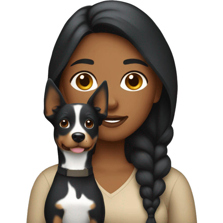 Apple style brown woman with black hair holding cattle dog emoji