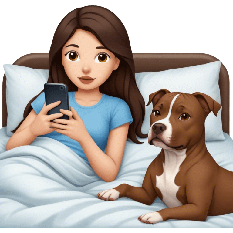 Girl long dark brown hair lays bed with her cell phone and her brown pit bull lays guarding her emoji