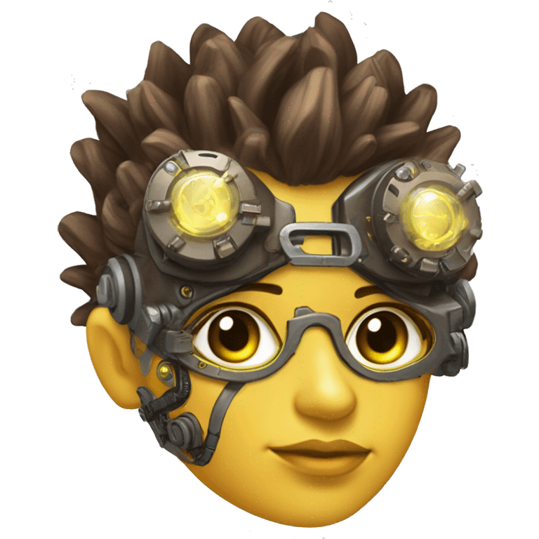 Brown with yellow streaks Mohawk hair female cyborg head, tan skin, steampunk goggles and circuits emoji