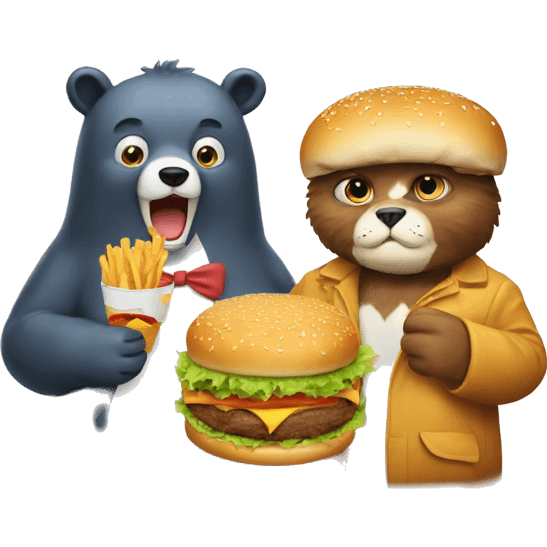 Bear and cat eating burger emoji