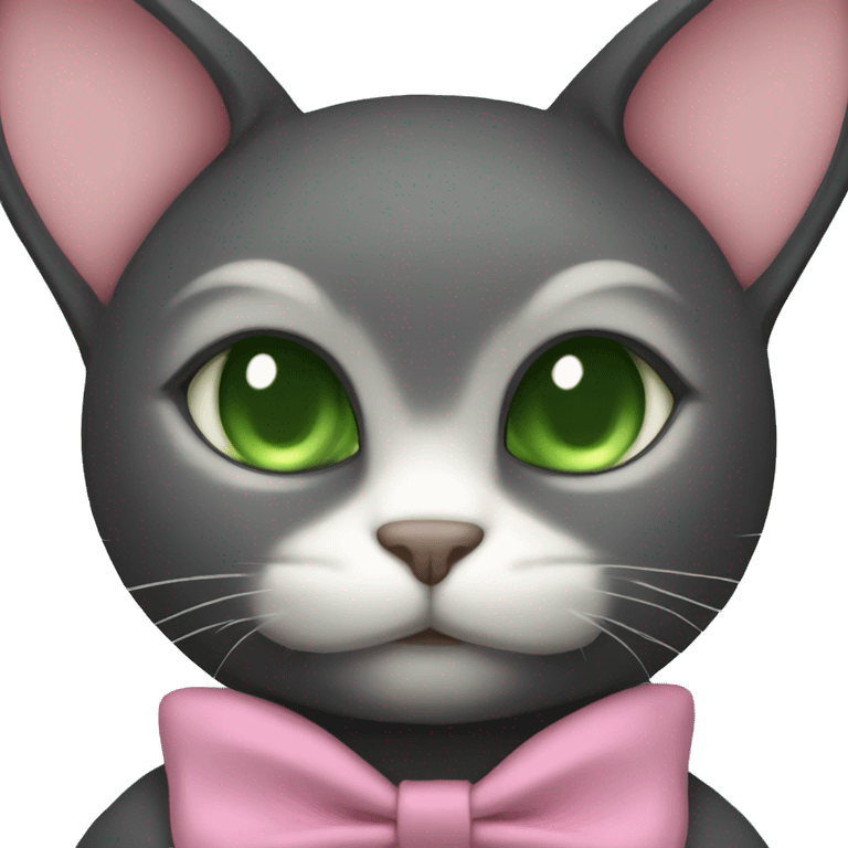 Dark cat IN A BUNNY HOODIE with PINK BOW TIE and dark green eyes emoji