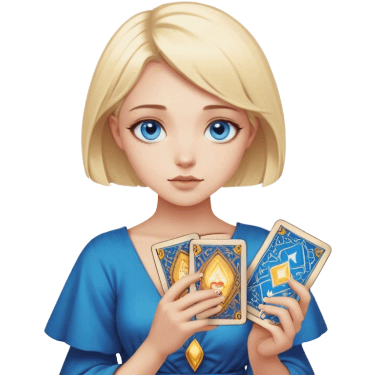 A blonde girl with blue eyes and short hair holds tarot cards emoji