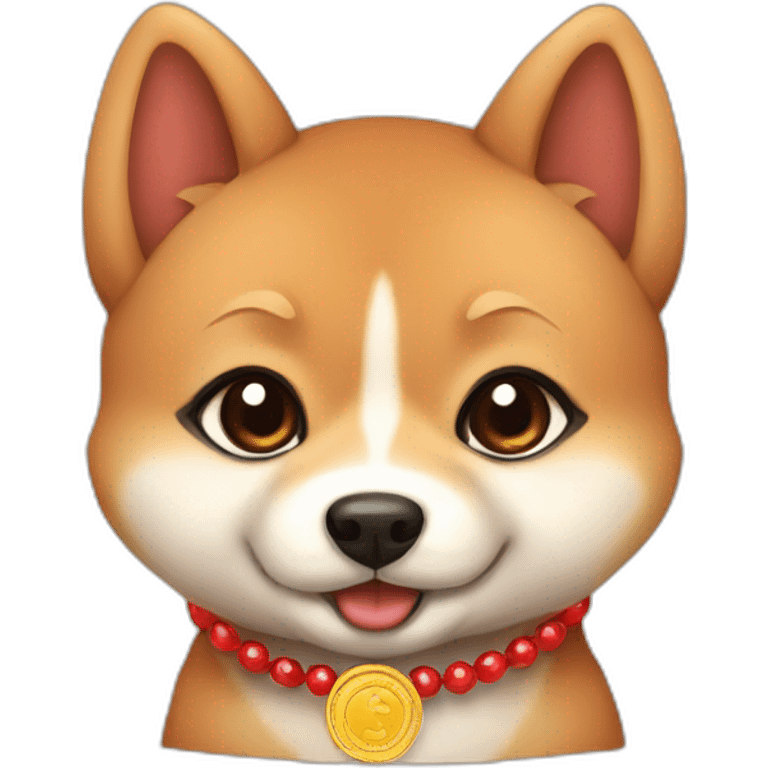 Baby shiba inu cartoon with red Necklaces coin red colour of background emoji