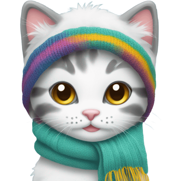 Snow covered kitten wearing mittens and a scarf emoji