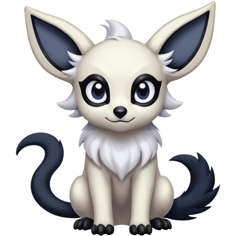 Absol-Umbreon, long thick black ears, no Scapha, black long tail, black eyes, white fur, black claws, cute big eyes, adorable emoji