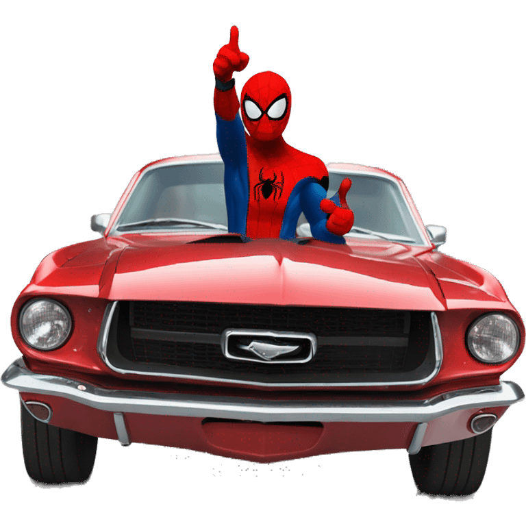 Spider-Man giving a thumbs up standing next to a 65 black Mustang fastback emoji