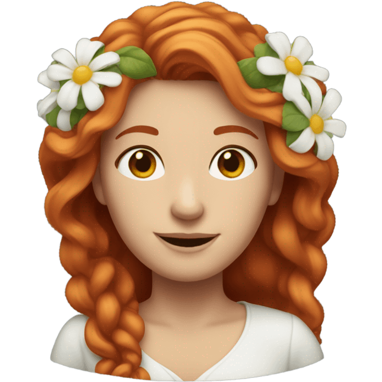 Long Red haired white woman with flowers in her hair with small smile emoji