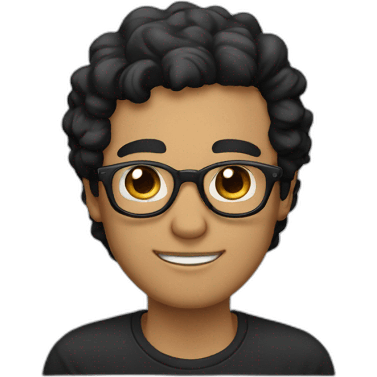 Beige guy, black eyes, black long wavy hair, no facial hair, thin long nose, round glasses, black t shirt emoji