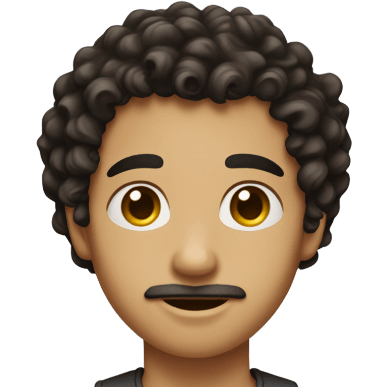 A boy with medium-length dark brown curly hair, a small short mustache, and an earring in his ear. emoji