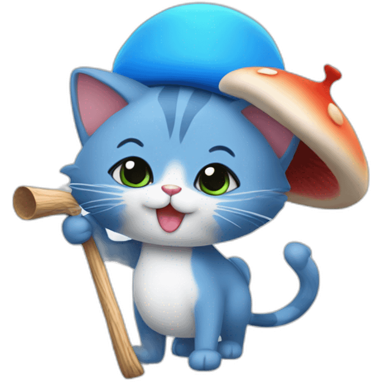  Cute Blue Cat NO ears wearing a mushroom cap carrying a stick in one arm emoji