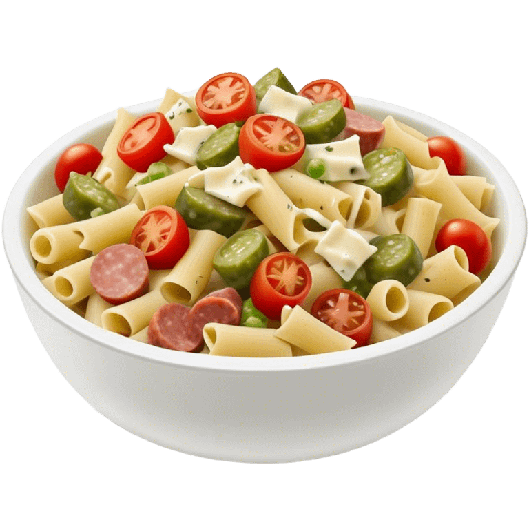 Pasta salad with chopped sausage, chopped gherkins, chopped cocktail tomatoes and mayonnaise  emoji