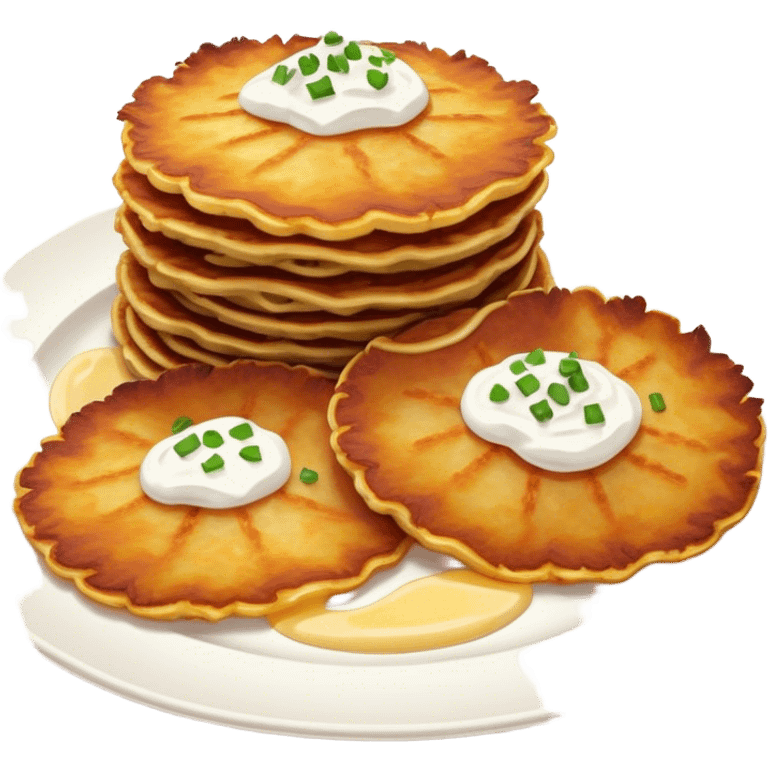 Cinematic Realistic Placki Ziemniaczane Dish Emoji, depicted as crispy potato pancakes served with sour cream rendered with vivid textures and warm, appetizing lighting. emoji